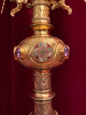 Exeptional Monstrance With Original Case style Romanesque en full silver Gilt /  Precious Stones Turquoise Amethist / Enamel Medallions and Elements., France 19th century ( anno 1875 )
