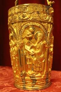 Holy Water Bucket Measures Without Handle style Romanesque en Bronze / Gilt, France 19th century