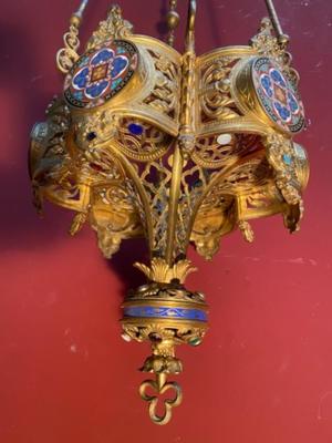 Sanctuary Lamp style Romanesque en Bronze / Gilt / Enamel / Stones, France 19 th century ( Anno 1875 )