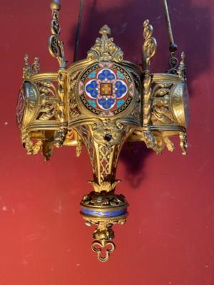 Sanctuary Lamp style Romanesque en Bronze / Gilt / Enamel / Stones, France 19 th century ( Anno 1875 )