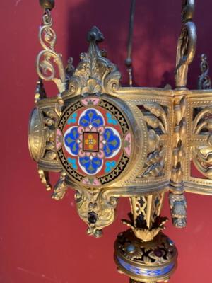 Sanctuary Lamp style Romanesque en Bronze / Gilt / Enamel / Stones, France 19 th century ( Anno 1875 )