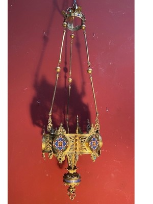 Sanctuary Lamp style Romanesque en Bronze / Gilt / Enamel / Stones, France 19 th century ( Anno 1875 )