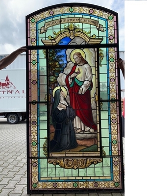 1 Romanesque Stained Glass Window : Appearance Of The Sacred Heart To Margareta Maria Alacoque. Signed: Grosse Bruges