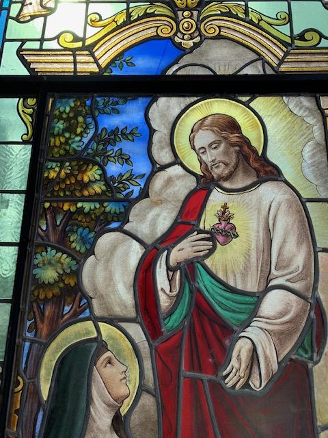 1 Romanesque Stained Glass Window : Appearance Of The Sacred Heart To Margareta Maria Alacoque. Signed: Grosse Bruges