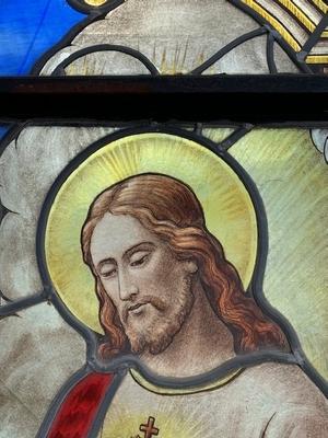 1 Romanesque Stained Glass Window : Appearance Of The Sacred Heart To Margareta Maria Alacoque. Signed: Grosse Bruges