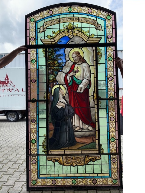 1 Romanesque Stained Glass Window : Appearance Of The Sacred Heart To Margareta Maria Alacoque. Signed: Grosse Bruges