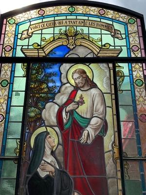 1 Romanesque Stained Glass Window : Appearance Of The Sacred Heart To Margareta Maria Alacoque. Signed: Grosse Bruges
