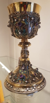 Chalice. Weight : 811 Gr. Higher Price Range ! style Romanesque - Style en full silver /  Precious Stones Rubins, Brilliants, Turquoise, France 19th century