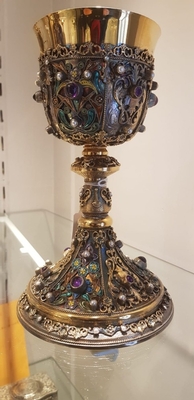 Chalice. Weight : 811 Gr. Higher Price Range ! style Romanesque - Style en full silver /  Precious Stones Rubins, Brilliants, Turquoise, France 19th century