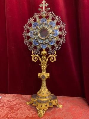 Exceptional Monstrance Higher Price Range Manufacture: P. Poussielgue Rusand style Romanesque - Style en Silver / Brass / Bronze / Gilt / Enamel / Stones, Paris France 19 th century ( Anno 1865 )