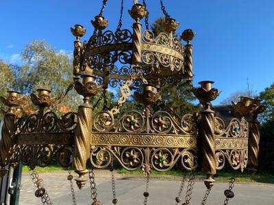 Sanctuary Lamp style Romanesque - Style en Brass / Bronze / Gilt / Stones, France 19 th century ( Anno 1865 )