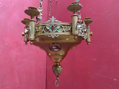 Sanctuary Lamp style Romanesque - Style en Brass / Bronze / Stones / Enamel , France 19 th century ( Anno 1865 )