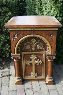 Tabernacle style Romanesque en wood oak / Brass, France 19th century