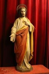 Sacred Heart Statue By Mayer Munich en wood - pap, Germany 19th century