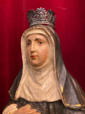 Sculpture St. Begga  en Hand - Carved Wood / Silver Crown, Belgium 19 th century ( Anno 1865 )