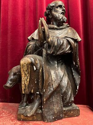 St. Anthony Abbot Sculpture en Hand - Carved Wood , Southern Netherlands 16 th Century