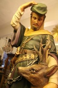 St. Hubertus en plaster polychrome, Belgium 19th century