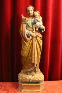 St. Joseph Statue With Child en Paper Mache / Polychrome, France 19 th century