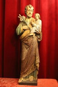 St. Joseph Statue With Child en hand-carved wood polychrome, France 19th century (1890)