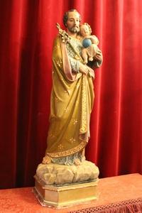 St. Joseph Statue With Child en Paper Mache / Polychrome, France 19 th century