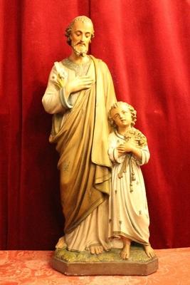 St. Joseph Statue With Child en plaster polychrome, Belgium 19th century ( anno 1875 )