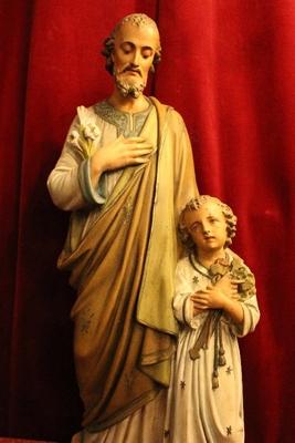 St. Joseph Statue With Child en plaster polychrome, Belgium 19th century ( anno 1875 )