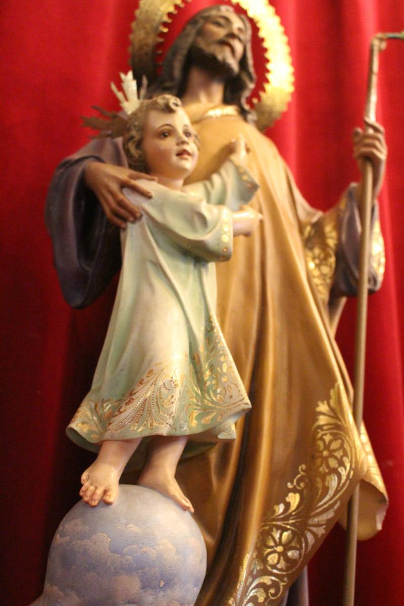 1  St. Joseph Statue With Child. Wooden Base, Glass Eyes