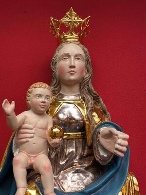 St. Mary & Child Sculpture With Hanging Pedestal en Carved - Wood / Polychrome / Gold Leaf Covered, Southern Germany 20 th century