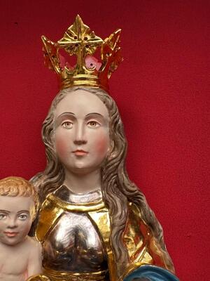 St. Mary & Child Sculpture With Hanging Pedestal en Carved - Wood / Polychrome / Gold Leaf Covered, Southern Germany 20 th century