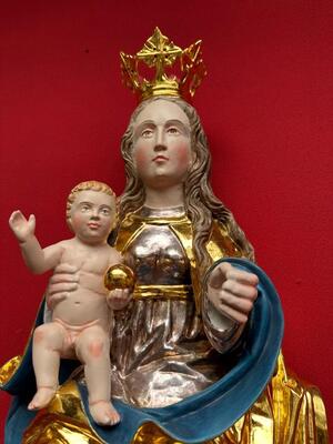 St. Mary & Child Sculpture With Hanging Pedestal en Carved - Wood / Polychrome / Gold Leaf Covered, Southern Germany 20 th century