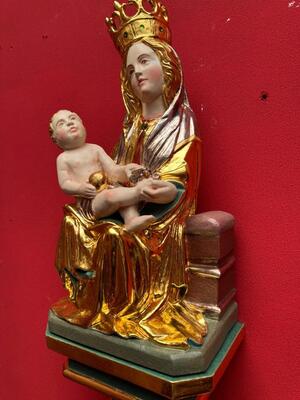 St. Mary With Child Sculpture With Hanging Pedestal. en Carved - Wood / Polychrome / Gold Leaf Covered, Southern Germany 20 th century