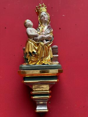 St. Mary With Child Sculpture With Hanging Pedestal. en Carved - Wood / Polychrome / Gold Leaf Covered, Southern Germany 20 th century