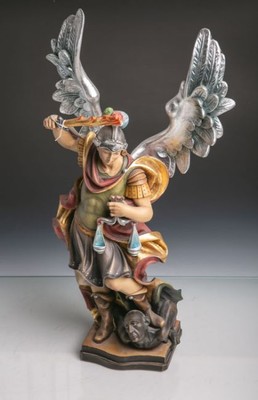 St. Michael Statue  en hand-carved wood polychrome, Southern Germany 20th Century