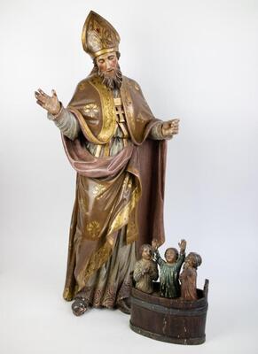 St. Nicholas Statue en Wood Polychrome, 18 th century