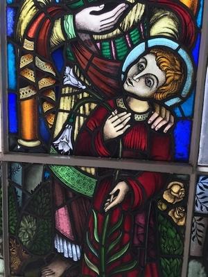 Stainded Glass Window. St. Joseph & Child Some Restoration Needed. en Stained Glass / IRON FRAMES, Dutch 20th century ( 1952 )