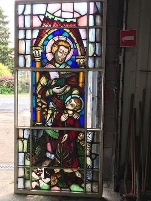 Stainded Glass Window. St. Joseph & Child Some Restoration Needed. en Stained Glass / IRON FRAMES, Dutch 20th century ( 1952 )