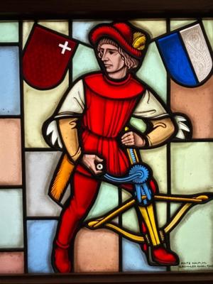 Stained Glass Window en Glass / Wooden Frame, Basel Switserland 20th Century ( 1946 )