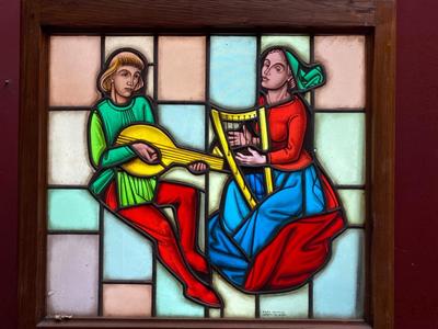 Stained Glass Window Signed : Fritz Haufler en Glass / Wooden Frame, Basel Switserland 20th Century