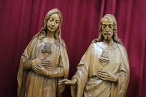 Statue Sacred Heart Of Jesus (Matching With Sacred Heart Of St. Mary) en hand-carved wood , Dutch 20th century