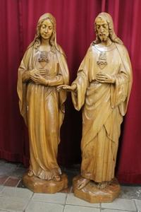Statue  Sacred Heart Of St. Mary (Matching With Sacred Heart Of Jesus) en hand-carved wood , Dutch 20th century