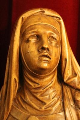 Statue St. Clara / St. Claire As Abbess                                     en hand-carved wood , Dutch 19th century ( anno 1835 )