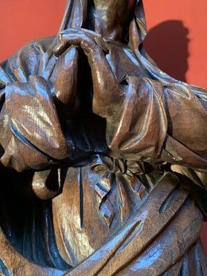 Statue St. Mary Under The Cross. Signed J.V. At Genk en hand-carved wood Oak, Genk - Belgium