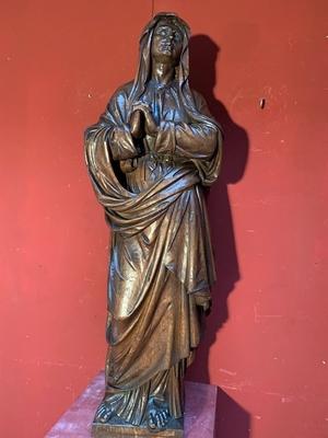 Statue St. Mary Under The Cross. Signed J.V. At Genk en hand-carved wood Oak, Genk - Belgium