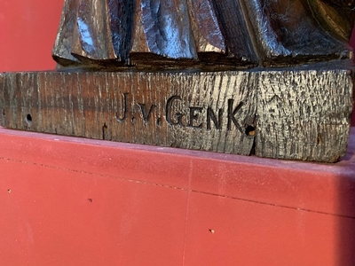 Statue St. Mary Under The Cross. Signed J.V. At Genk en hand-carved wood Oak, Genk - Belgium