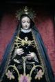 Stunning High Quality Exposition-Shrine Of St. Mary As “Mater Dolorosa” , Shrine Brass Inlaid, Statue Hand-Carved Wood / Glass Eyes, Dressed In Black Velvet, Totally Hand-Embroidered, Spain 19th century