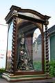 Stunning High Quality Exposition-Shrine Of St. Mary As “Mater Dolorosa” , Shrine Brass Inlaid, Statue Hand-Carved Wood / Glass Eyes, Dressed In Black Velvet, Totally Hand-Embroidered, Spain 19th century