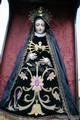 Stunning High Quality Exposition-Shrine Of St. Mary As “Mater Dolorosa” , Shrine Brass Inlaid, Statue Hand-Carved Wood / Glass Eyes, Dressed In Black Velvet, Totally Hand-Embroidered, Spain 19th century