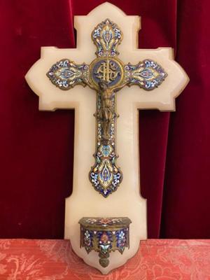 Stunning Large Cross - Holy Water Bucket  en Alabaster/  Bronze / Enamel, France 19 th century ( Anno 1865 )