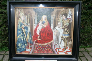 The Madonna With Canon Van Der Paele” , After Jan Van Eyck en Painted on Linen / Wooden Frame, Belgium  19 th century ( Anno 1865 )