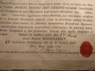 Veil / Sudarium Of Veronica Originally Sealed With Document en Wood / Glass / Originally Sealed (Pope Leo XIII, Italy  19 th century ( Anno 1881 )